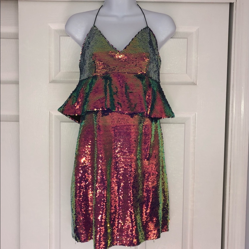 “Zara" gorgeous multi-colored sequined mini dress w/ spaghetti straps & peplum - Picture 7 of 16